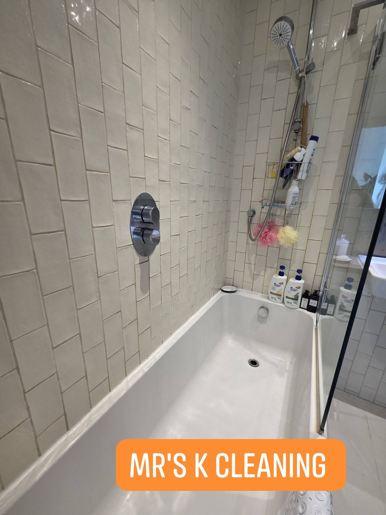 Clean bathroom with shower caddy and supplies