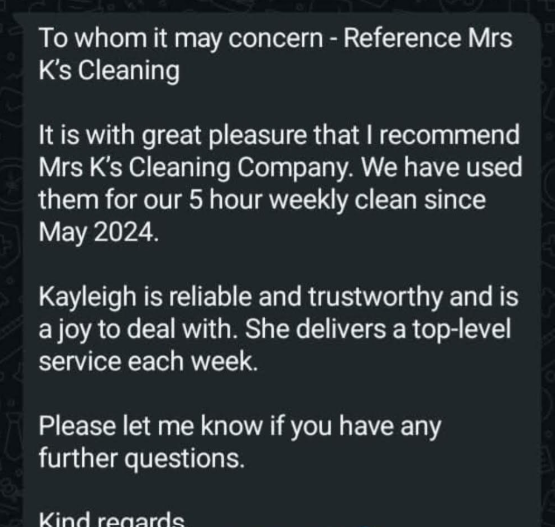 Client reference for Mrs K Cleaning